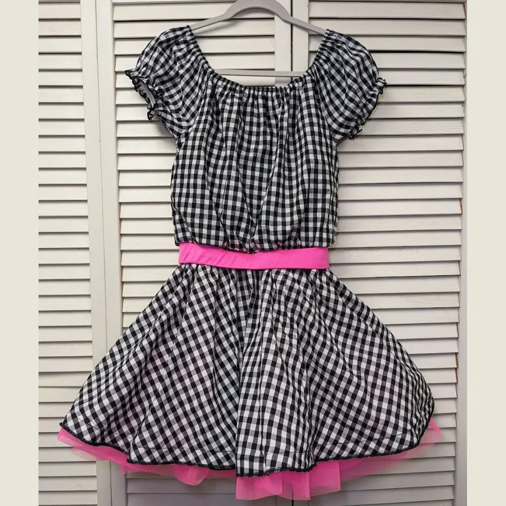 WEISSMAN Sock Hop Character Dress in Black & White Gingham with Hot Pink Accents